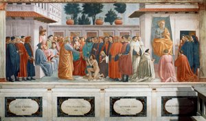 La resurrección del hijo de Teófilo, el rey de Antioquía, y San Pedro entronizado como primer obispo de Antioquía, c.1427 y c.1480 de T. Masaccio, F. Lippi