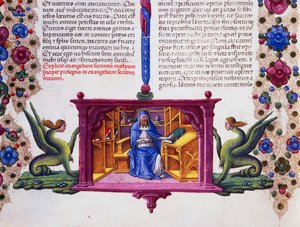 Friso de borde al pie de la página con San Mateo el Evangelista, Volumen II f 148, v, Biblia de Borso d