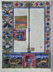 Incipit del libro de Jeremías que representa al profeta en una letrina, de la Biblia de Borso d
