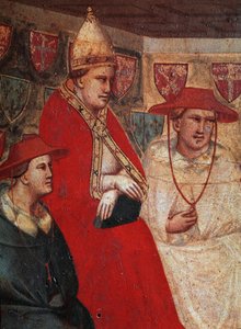 Historia de San Francisco de Asís: representación del Papa Inocencio III confirmando la regla franciscana en 1210 (detalle) de Taddeo Gaddi