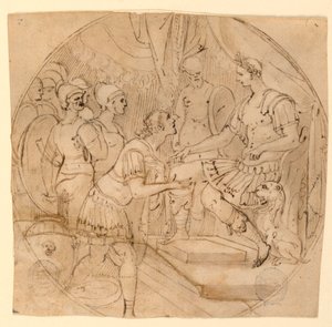 Diseño para un plato o un tondo: Soldados suplicantes ante un general romano de Taddeo Zuccaro