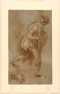 Soldado corriendo: Estudio para figura en primer plano izquierdo, "Traición de Cristo," Roma, S. Maria della Consolazione, Capilla Matttei; Estudios separados de dos cabezas