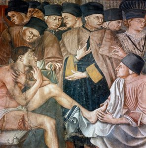 Cuidado de los enfermos en un hospital, las enfermeras lavan los pies de un peregrino herido (detalle) de Taddeo di Bartolo