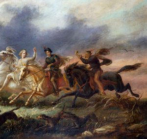 "Tres jinetes a caballo al galope, uno de ellos tocando el cuerno. Pintura de Tadeusz Brodowski (1821-1848) 1848 Colección particular de Tadeusz Brodowski