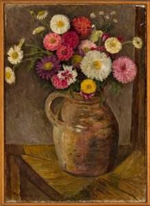 Ásteres y zinnias en una jarra de barro de Tadeusz Makowski