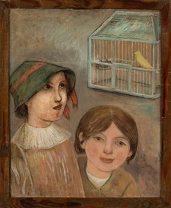 Dos niñas bajo una jaula con un canario de Tadeusz Makowski