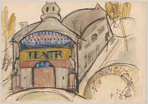 Edificio fantástico con la inscripción «Teatro» de Tadeusz Makowski