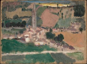 Vista de una pequeña ciudad con torre de iglesia de Tadeusz Makowski