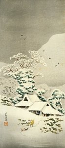 Escena en la nieve en Sawatari en el Distrito de Joshu, circa 1930, xilografía en forma de o-tanzaku, 38,1 x 17,1 cm, Civilización japonesa, período Meiji-Showa de Takahashi Shotei