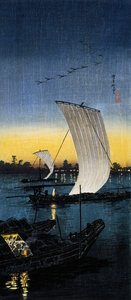 Vista vespertina de Sekiyado, c.1930 (grabado en madera O-tanzaku) de Takahashi  Hiroaki