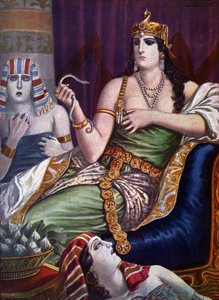 Antigüedad egipcia: "La muerte de Cleopatra" La reina de Egipto Cleopatra VII Thea Philopator (69-30 a.C.) se suicida al ser mordida por dos serpientes áspides (Suicidio de Egipto Cleopatra) Ilustración de Tancredi Scarpelli (1866-1937) de "Storia d