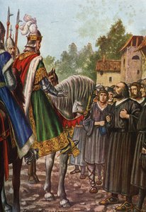El emperador Federico I Barberossa (1122-1190), en su segundo viaje a Italia en 1158, pasa por el río Adda y se encuentra con el pueblo de Lodi, que le ruega que le devuelva su territorio. Tancredi Scarpelli (1866-1937) de "Storia d