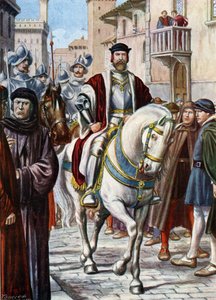 Retrato de Cosme (Ven) I de Toscana (Cosme de Medici) (1519-1574), circulando por las calles de Florencia, rodeado de miembros de su milicia compuesta por soldados españoles y alemanes (Retrato de Cosme I de Medici, Gran Duque de Toscana, protegido de Tancredi Scarpelli
