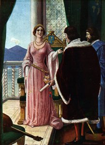 La reina Juana II de Nápoles (Giovanna di Napoli o Anjou Durazzo) (1373-1435) designa a su hijo adoptivo Luis III de Anjou (1403-1434) (La reina Juana II de Nápoles elige a Luis III como rey de Nápoles) Ilustración de Tancredi Scarpelli (1866-1937) de "Sto de Tancredi Scarpelli