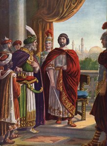Antigüedad romana: El emperador Juliano el Apóstata (Juliano el Filósofo o Juliano II) vencido por el rey persa Shapur II en el 363 d.C." (El emperador romano Juliano el Apóstata (Juliano el Filósofo) y el rey de Persia Shapur II, 363 d.C.) Ilustración de  de Tancredi Scarpelli