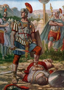 Antigüedad romana: representación del cónsul Tito Manlio Imperio Torcuato derrotando a un galo en el 361 a.C. - (Tito Manlio Torcuato luchando contra un guerrero galo que desafió al ejército romano y lo mata, 361 a.C.) Ilustración de Tancredi Scarpelli (18 de Tancredi Scarpelli