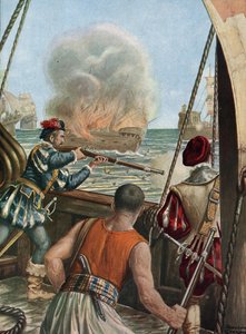 Segunda expedición a la India (1502-1503) "Batalla naval entre la flota portuguesa de Vasco de Gama y la de Calicut, los portugueses disparan al barco musulmán Miri cargan pelerins que regresaban de La Meca, 3/10/1502" (segundo viaje de Vasco de Gama (1502 de Tancredi Scarpelli