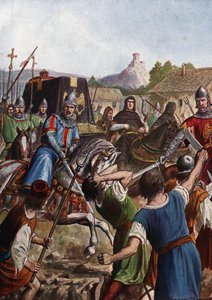 El cortejo fúnebre del emperador Otón (Othón) III del Sacro Imperio (980-1002) lleva los restos a través de Italia hacia Aquisgrán luchando a su paso contra las poblaciones sublevadas (El féretro de Otón III, emperador del Sacro Imperio Romano Germánico, a de Tancredi Scarpelli