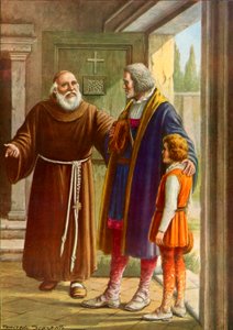 El guardián de Rábida dando la bienvenida a Cristóbal Colón y su hijo pequeño