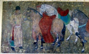 Arte chino: dos palafreneros conduciendo cuatro caballos en un establo imperial (detalle) de Tang Dynasty Chinese School