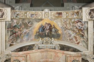 Cristo en gloria con San Gaudencio y en el arco Zacarías, Moisés y el Rey David de Tanzio da Varallo