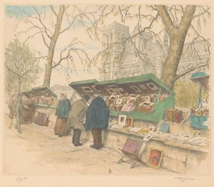 Puestos de libros en el Quai de Montebello, Notre-Dame al fondo de Tavík František Šimon (signed by artist)