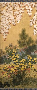 Flowers And Butterflies (tinta, color y pan de oro sobre papel)