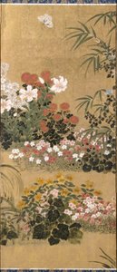 Flowers And Butterflies (tinta, color y pan de oro sobre papel) de Tawaraya Sotatsu