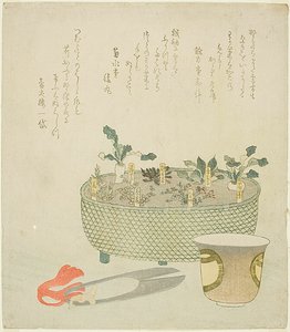 Las siete hierbas (Nanakusa), con tijeras y taza de té de Teisai Hokuba