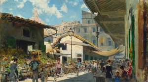 Old Market, c.1882-84 (óleo sobre cartón) de Telemaco Signorini