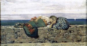 Campesina acostada en un parapeto