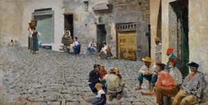 Marineros en Riomaggiore, c.1892-93 (óleo sobre lienzo) de Telemaco Signorini