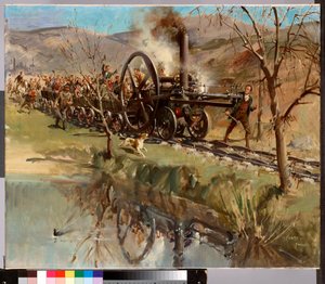 Locomotora Penydarren de Trevithick en su épico viaje de Merthyr a Abercynon, 21 de febrero de 1804 (1963) (óleo sobre lienzo) de Terence Cuneo