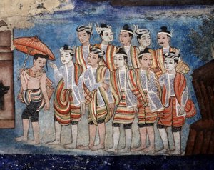 Un grupo de hombres Thai yai (Shan), detalle de los murales de Viharn laikam que retratan los Cuentos de Sang Thong de Thai School