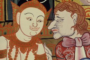 Pintura contemporánea en estilo clásico mostrando personas tailandesas y occidentales