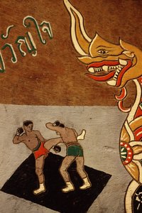 Decoración en un carro de bueyes que representa Muay Thai
