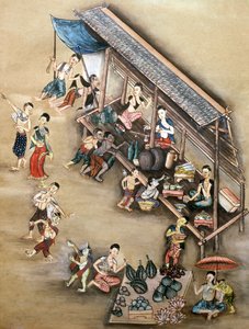 Pintura popular que representa una escena de mercado