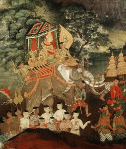 El Rey Vessantara en un elefante blanco se encuentra con los brahmanes, escena del Vessantara Jataka, principios del siglo XIX de Thai School