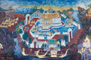Mural con escenas del Ramayana en Wat Phra Kaeo, Gran Palacio Real, Bangkok, Tailandia