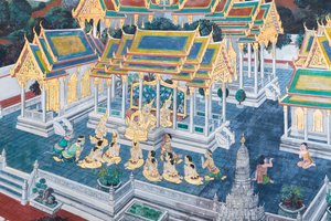 Mural con escenas del Ramayana en Wat Phra Kaeo, Gran Palacio Real, Bangkok, Tailandia de Thai School