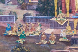 Mural con escenas del Ramayana en Wat Phra Kaeo, Gran Palacio Real, Bangkok, Tailandia de Thai School