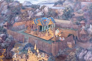 Mural con escenas del Ramayana en Wat Phra Kaeo, Gran Palacio Real, Bangkok, Tailandia de Thai School
