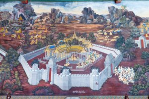 Mural con escenas del Ramayana en Wat Phra Kaeo, Gran Palacio Real, Bangkok, Tailandia