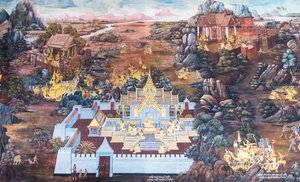 Mural con escenas del Ramayana en Wat Phra Kaeo, Gran Palacio Real, Bangkok, Tailandia