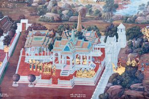 Mural con escenas del Ramayana en Wat Phra Kaeo, Gran Palacio Real, Bangkok, Tailandia