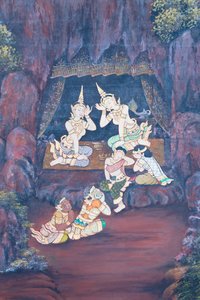 Mural con escenas del Ramayana en Wat Phra Kaeo, Gran Palacio Real, Bangkok, Tailandia de Thai School