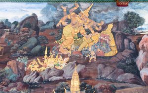 Mural con escenas del Ramayana en Wat Phra Kaeo, Gran Palacio Real, Bangkok, Tailandia de Thai School