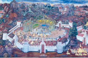 Mural con escenas del Ramayana en Wat Phra Kaeo, Gran Palacio Real, Bangkok, Tailandia