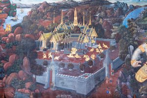 Mural con escenas del Ramayana en Wat Phra Kaeo, Gran Palacio Real, Bangkok, Tailandia