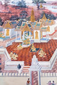 Mural con escenas del Ramayana en Wat Phra Kaeo, Gran Palacio Real, Bangkok, Tailandia